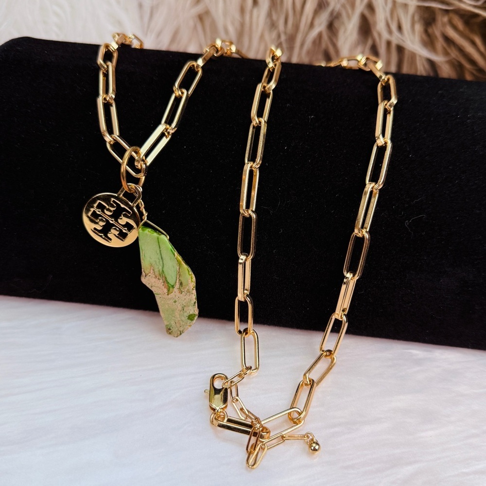 Goldtone chunky chain green statement stone and a Tory Burch charm 34” necklace